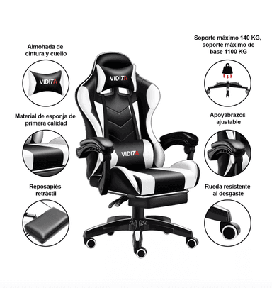 SILLA GAMER VIDITA ERGONÓMICA NEGRA Y BLANCA CON TAPIZADO DE POLIURETANO - 3