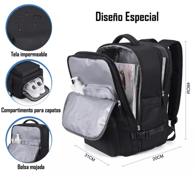 MOCHILA DE VIAJE IMPERMEABLE AVIÓN APROBADO CAPACIDAD DE 40L NEGRO - 2