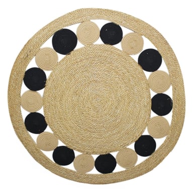ALFOMBRA CIRCULOS NEGROS REDONDA YUTE BORDE NEGRO FRANJA - 1