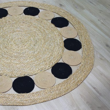 ALFOMBRA CIRCULOS NEGROS REDONDA YUTE BORDE NEGRO FRANJA - 4