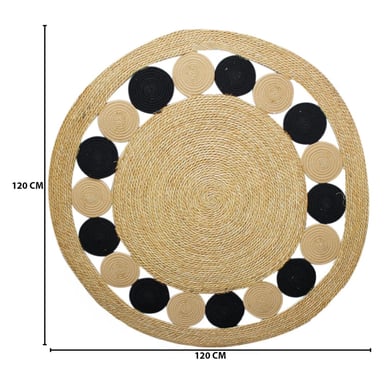 ALFOMBRA CIRCULOS NEGROS REDONDA YUTE BORDE NEGRO FRANJA - 5