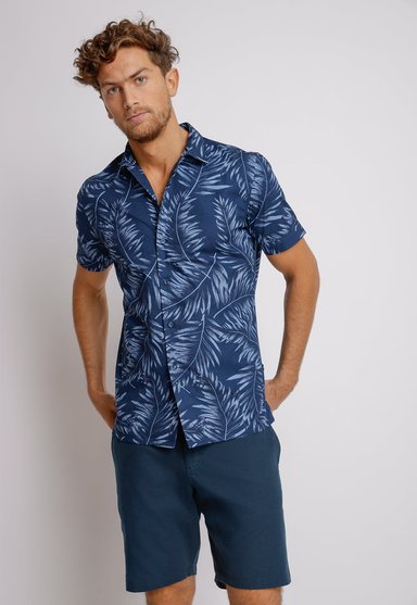 CAMISA MANGA CORTA HOMBRE RELAXED FIT BUCK ALGODON AZUL MARINO - 1