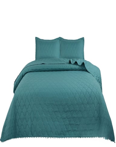 CUBRECAMA TURQUESA QUILT 2 PLAZAS CON POMPONES C4 - 1