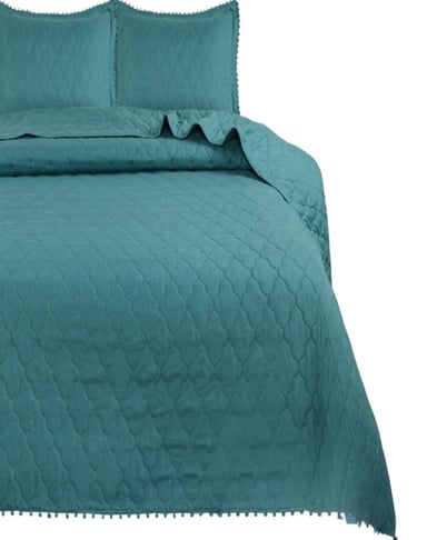 CUBRECAMA TURQUESA QUILT 2 PLAZAS CON POMPONES C4 - 2