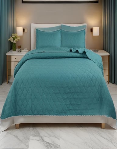 CUBRECAMA TURQUESA QUILT 2 PLAZAS CON POMPONES C4 - 3