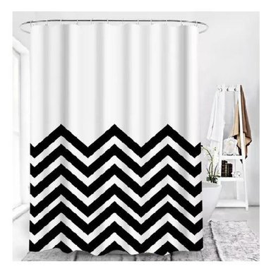 CORTINA DE BAÑO Y DUCHA, TELA IMPERMEABLE, BLANCA CON ONDAS NEGRAS - 1