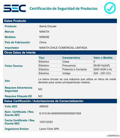 SIERRA CIRCULAR N5900B DE 9-1/4'' (235 MM) MAKITA - 2