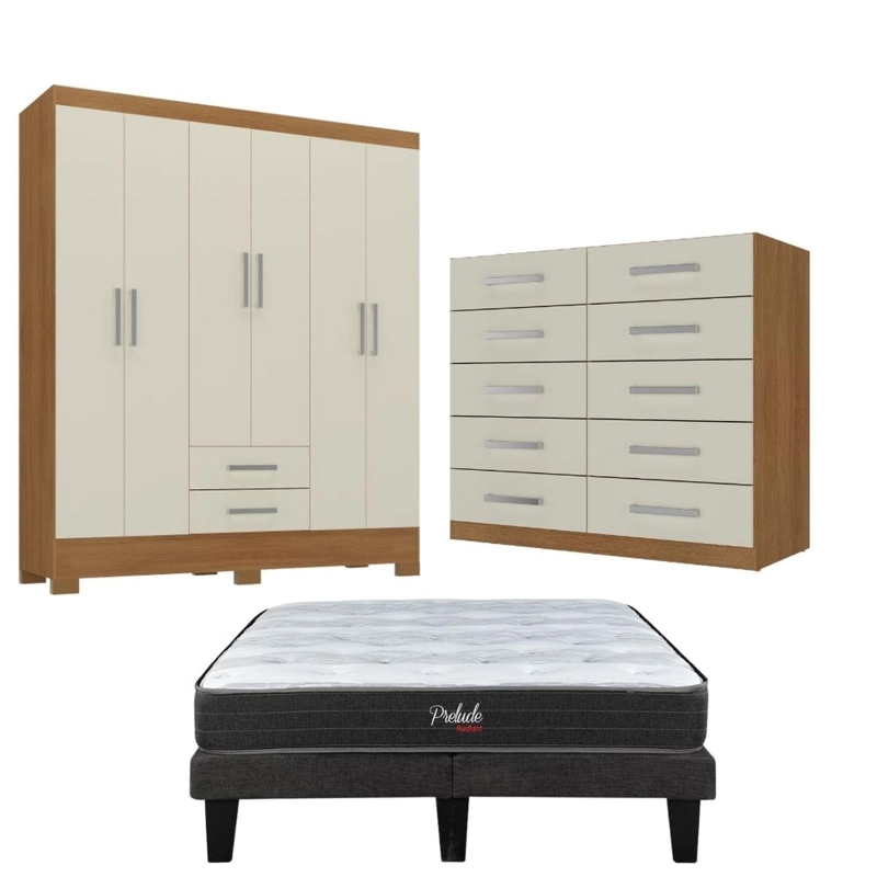 COMBO CAMA EUROPEA PRELUDE 2 PLAZAS + CLOSET 6 PUERTAS + COMODA 10 CAJONES OFF WHITE CEP20R6210