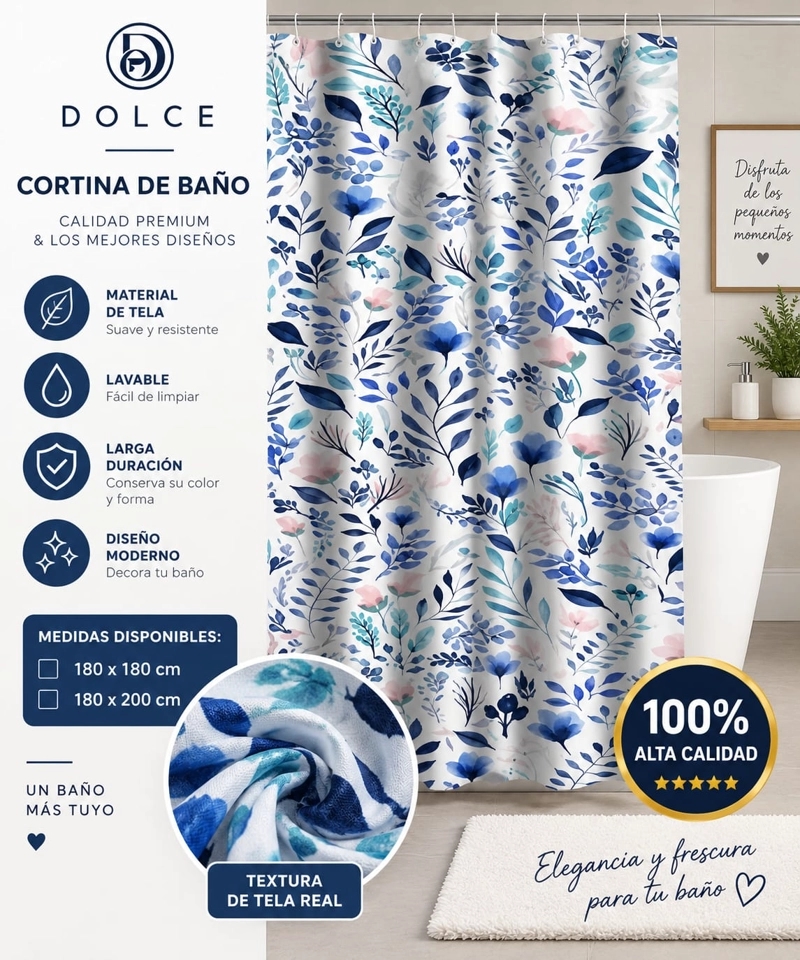 CORTINA DE BAÑO DE TELA ESTAMPADA DOLCE 180 X 180 CM DISEÑO DECORATIVO