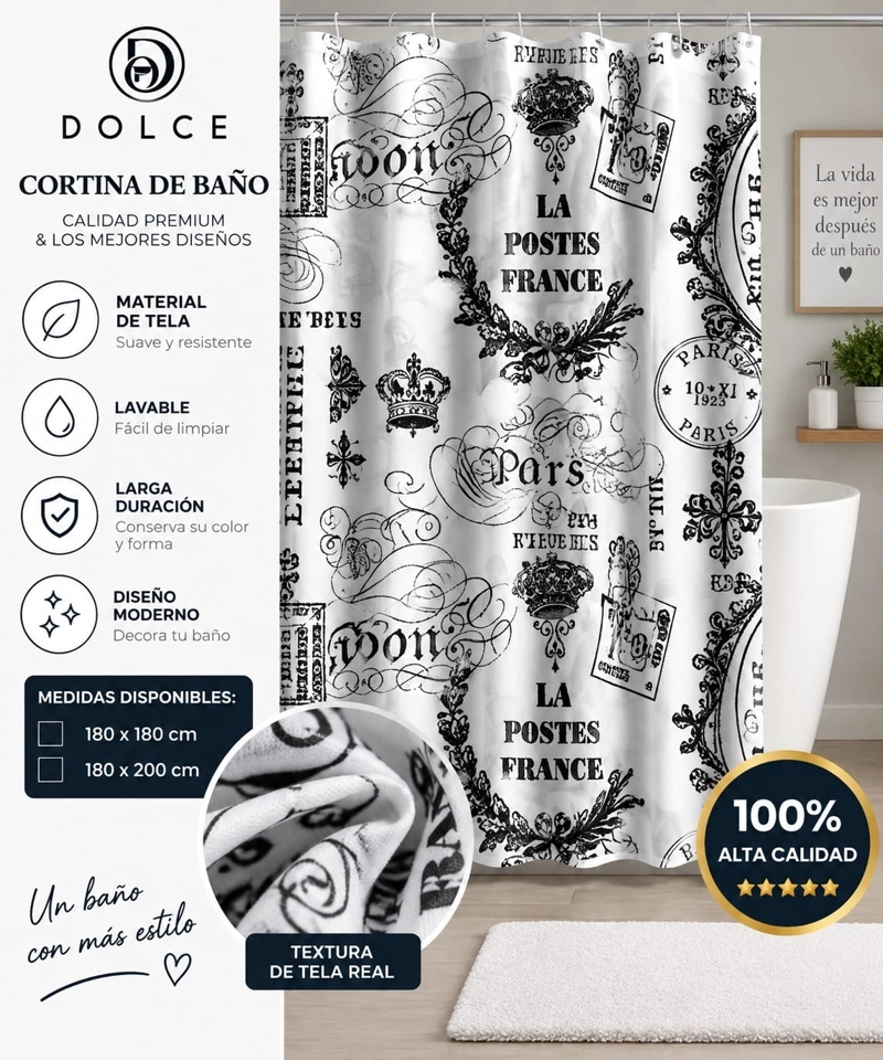 CORTINA DE BAÑO DE TELA ESTAMPADA DOLCE 180 X 180 CM DISEÑO DECORATIVO