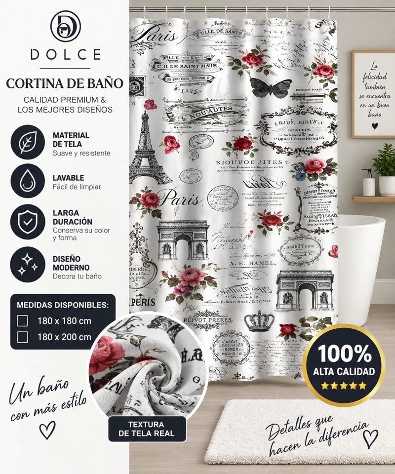 CORTINA DE BAÑO DE TELA ESTAMPADA DOLCE 180 X 180 CM DISEÑO DECORATIVO