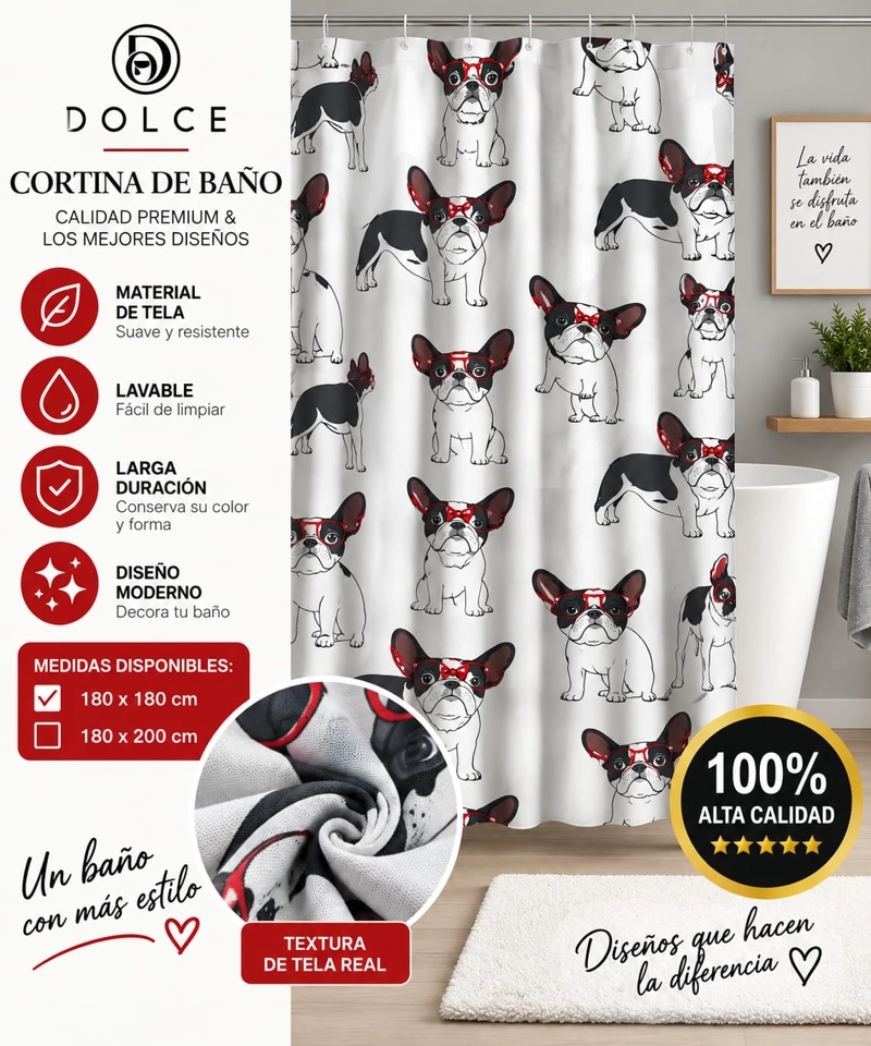 CORTINA DE BAÑO DE TELA ESTAMPADA DOLCE 180 X 200 CM DISEÑO DECORATIVO