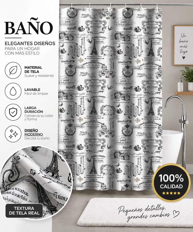 CORTINA DE BAÑO DE TELA ESTAMPADA DOLCE 180 X 200 CM DISEÑO DECORATIVO