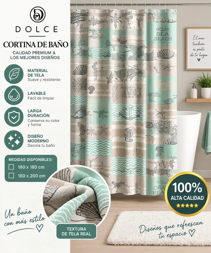CORTINA DE BAÑO DE TELA ESTAMPADA DOLCE 180 X 200 CM DISEÑO DECORATIVO