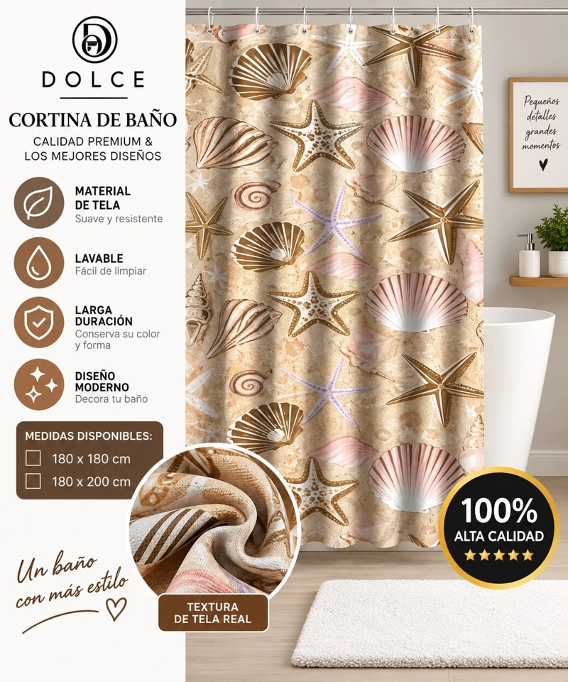 CORTINA DE BAÑO DE TELA ESTAMPADA DOLCE 180 X 200 CM DISEÑO DECORATIVO