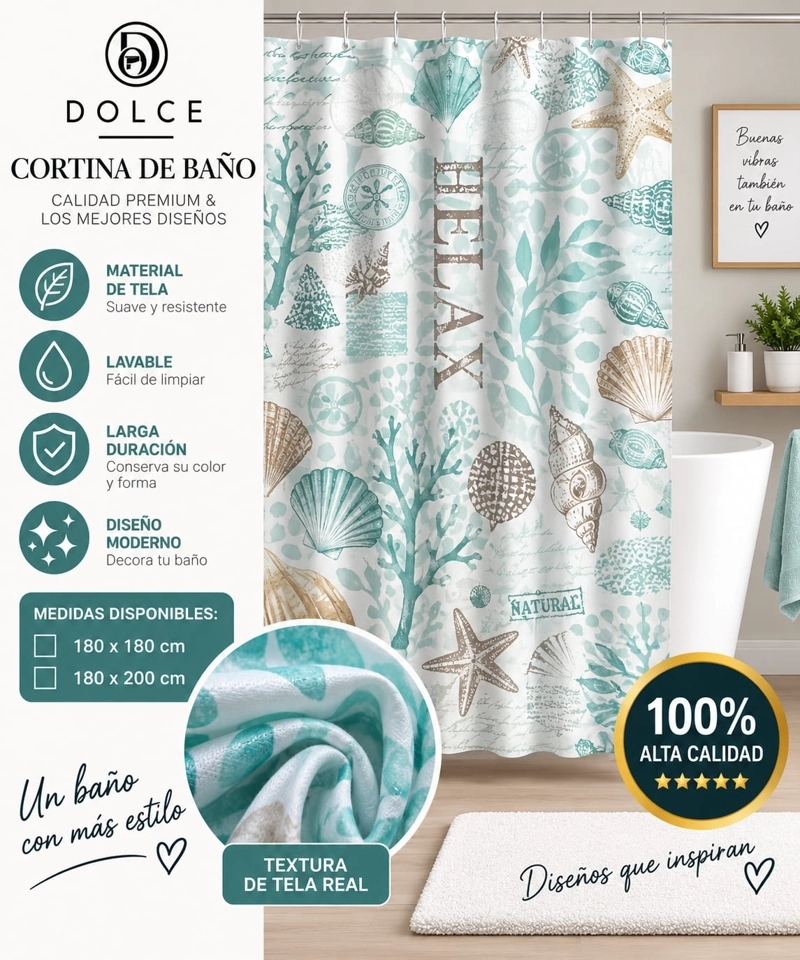CORTINA DE BAÑO DE TELA ESTAMPADA DOLCE 180 X 200 CM DISEÑO DECORATIVO