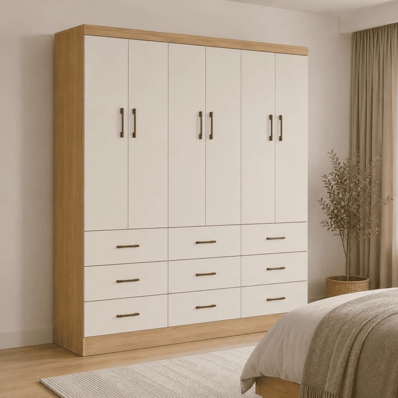 CLOSET 6 PUERTAS 9 CAJONES ROBLE/ BEIGE