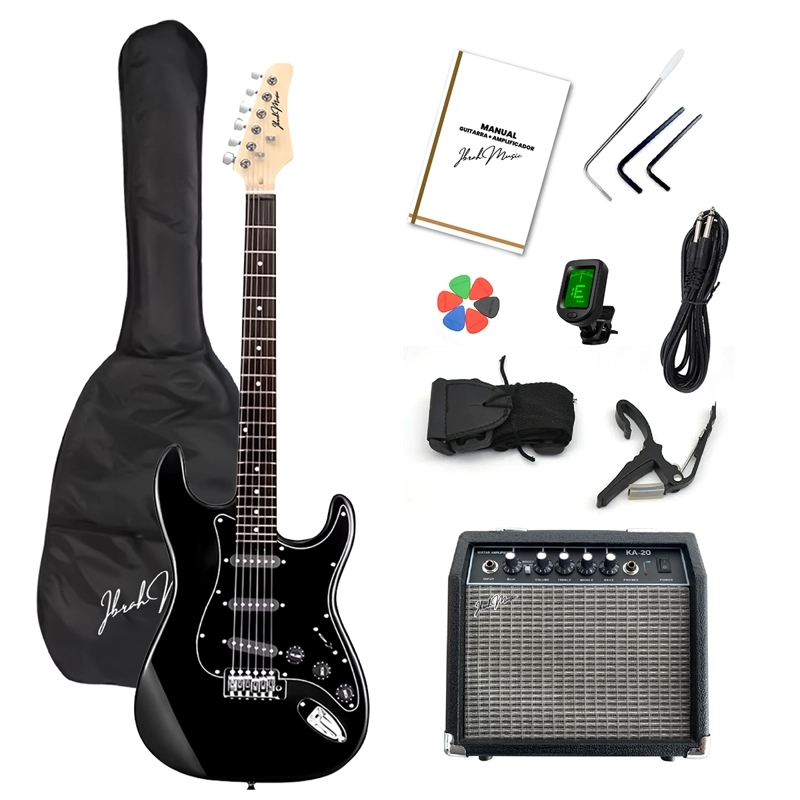 GUITARRA ELE CTRICA STRATO IBRAH + AMPLIF + ACCESORIOS NEGRA