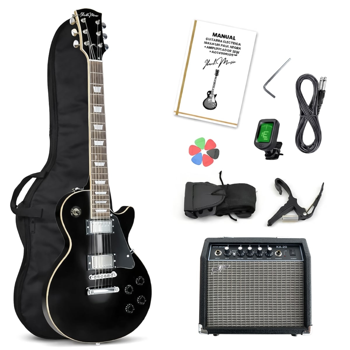 GUITARRA ELECTRICA LP IBRAH + AMPLIF + ACCESORIOS ALL BLACK