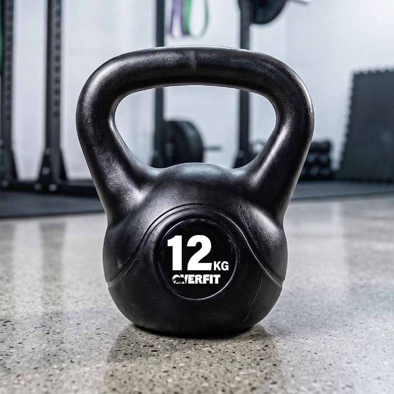 PESA RUSA KETTLEBELL 12KG OVERFIT PVC CEMENTO ENTRENAMIENTO FUNCIONAL CROSSFIT NEGRA