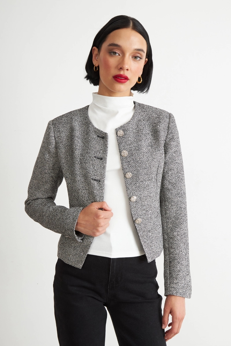 BLAZER CUELLO REDONDO SIN SOLAPA GRIS MUJER NICOPOLY