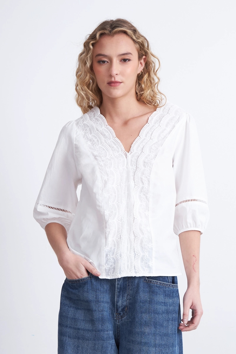 BLUSA ENCAJE MANGA GLOBO BLANCO MUJER NICOPOLY