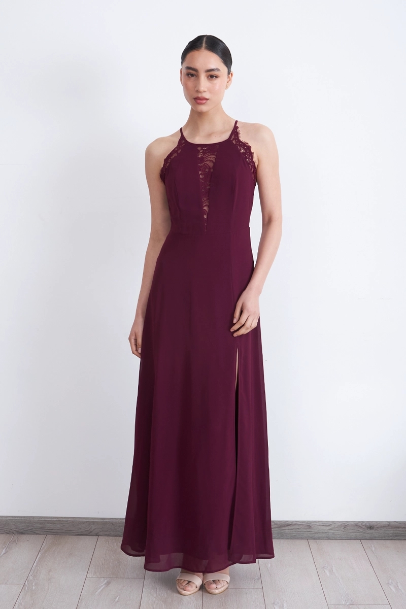 VESTIDO LARGO HALTER DETALLE ENCAJE BURDEO NICOPOLY