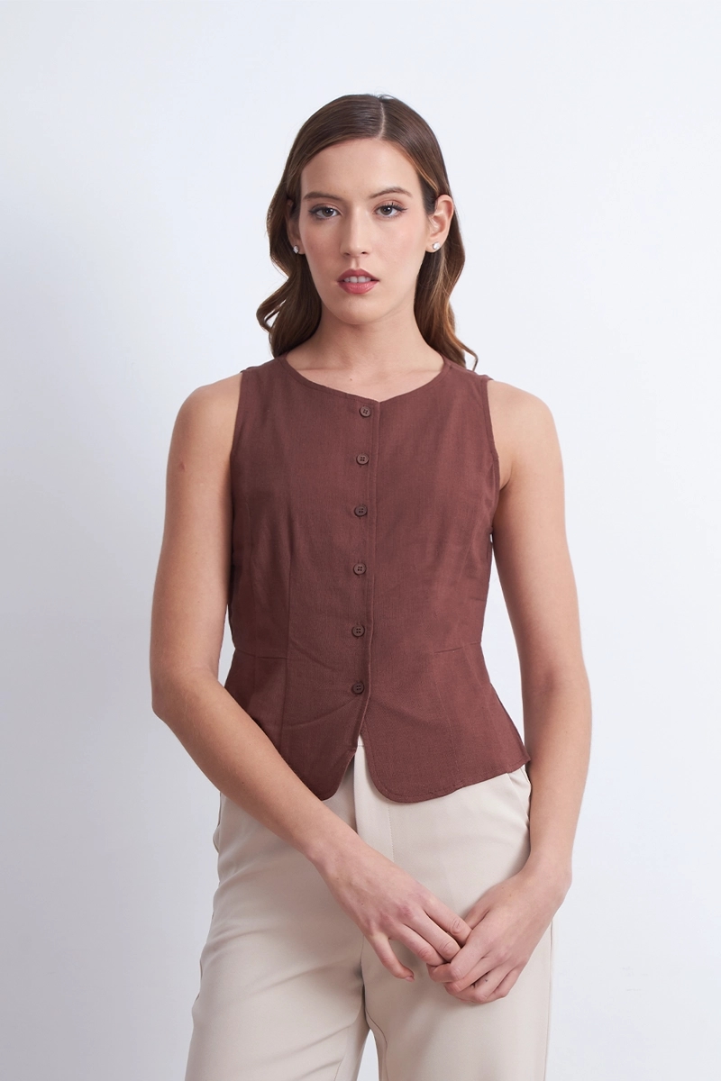 GILET CUELLO REDONDO TIPO LINO CAFE MUJER NICOPOLY