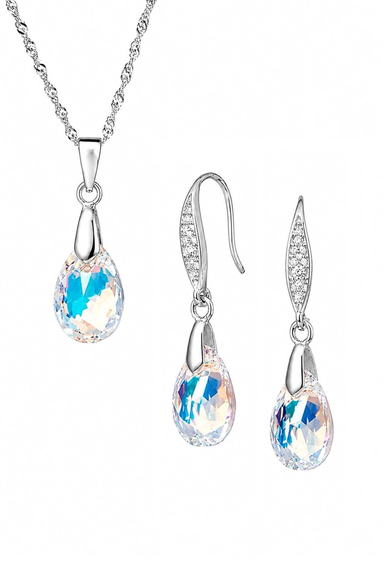 CONJUNTO JOYAS MONTERO PLATA ITALIANA 925 MILAN Y CRISTALES GENUINOS AURORA BOREAL