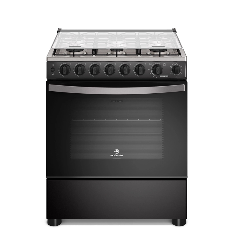 COCINA A GAS 6 PLATOS HORNO VAPOR Y PARRILLA PLETINA FM6SPC NEGRA
