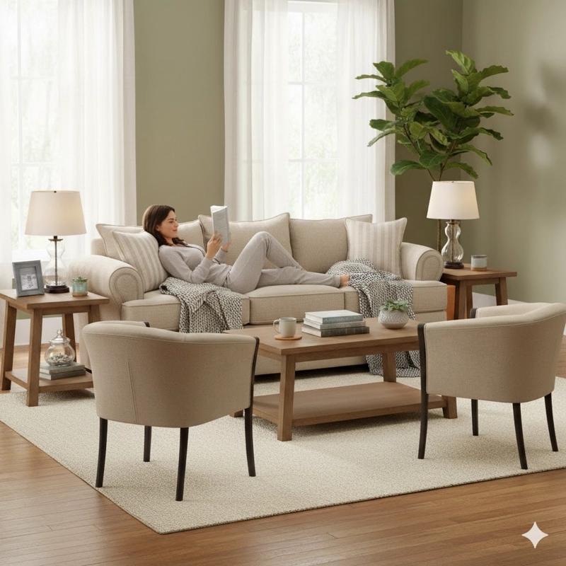 LIVING 311 PASTORA BEIGE CLARO SOFA 3 CUERPOS RESORTES + 2 SITIALES
