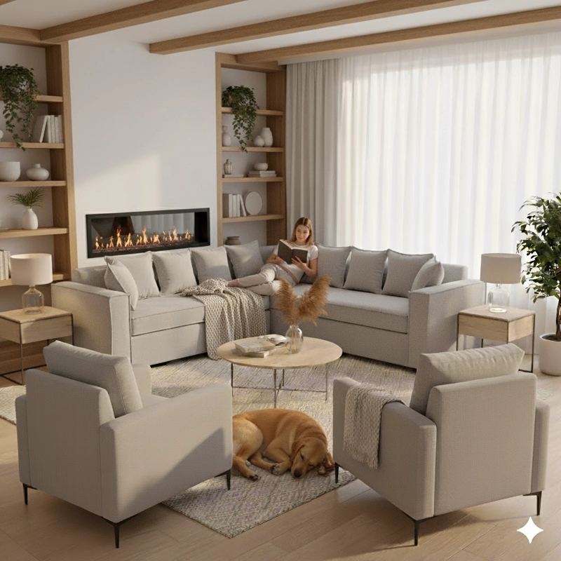 LIVING 311 ROMEO GRIS CLARO SECCIONAL 6 CUERPOS + 2 POLTRONAS