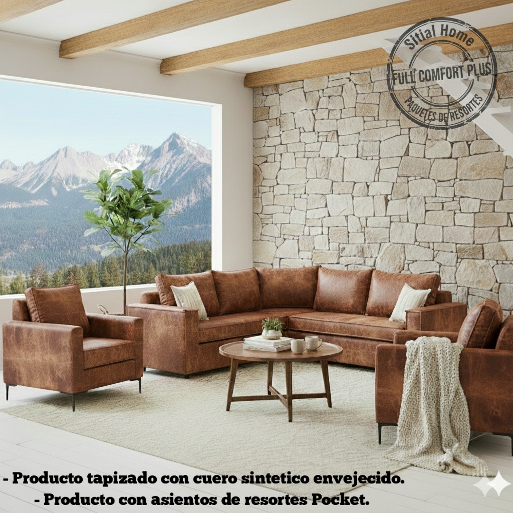 LIVING 311 JACK CAFE CUERO SINTETICO ENVEJECIDO SECCIONAL + 2 POLTRONAS CON RESORTES