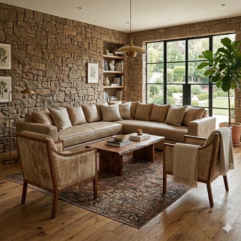 LIVING 311 BURTON  BEIGE EN CUERO SINTETICO ENVEJECIDO  ,SECCIONAL RESORTES F COMFORT + 2 SITIALES