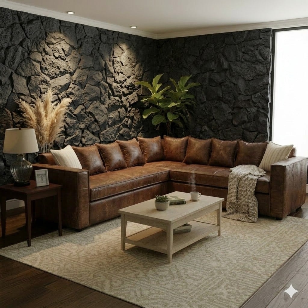 SOFA SECCIONAL BURTON CARAMELO DE CUERO SINTETICO ENVEJECIDO CON ASIENTOS DE RESORTES POCKET
