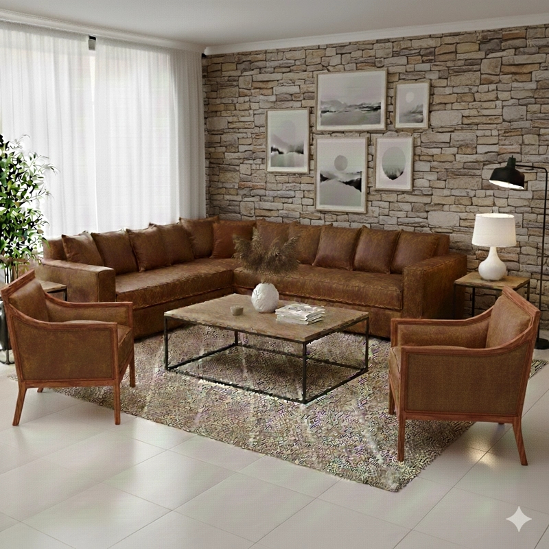 LIVING 311 BURTON CAFE EN CUERO SINTETICO ENVEJECIDO ,SECCIONAL RESORTES F COMFORT + 2 SITIALES
