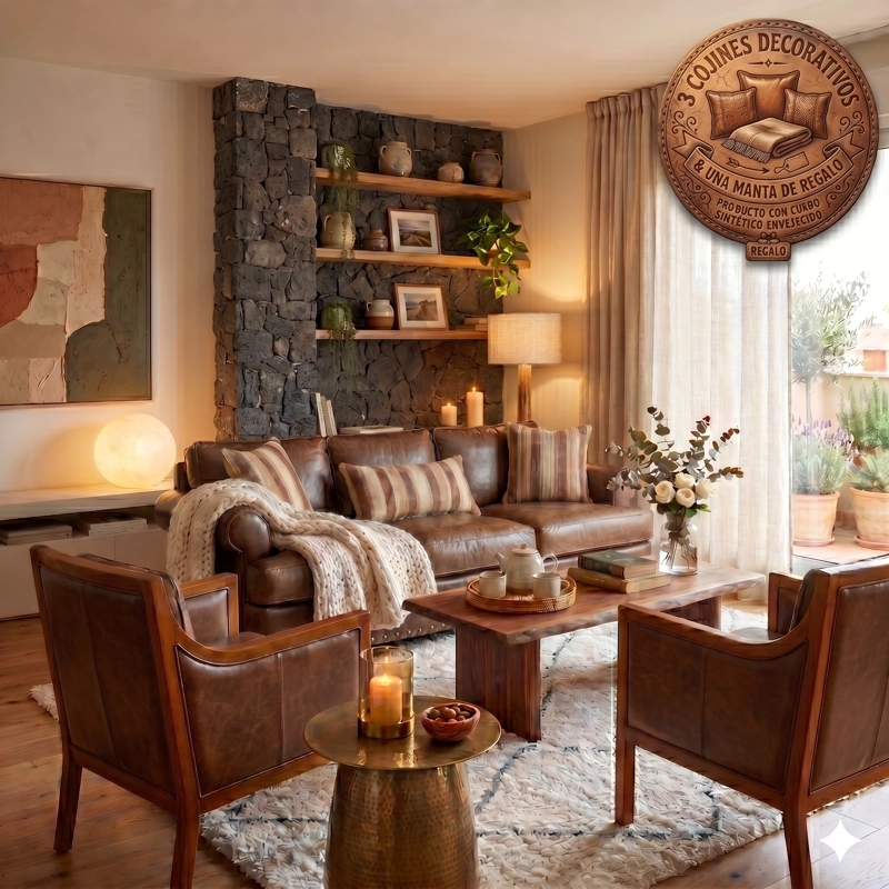 LIVING TUCSON 311 CAFE CUERO SINTETICO ENVEJECIDO SOFA 3 CUERPOS CON RESORTES +2 SITIALES DE MADERA