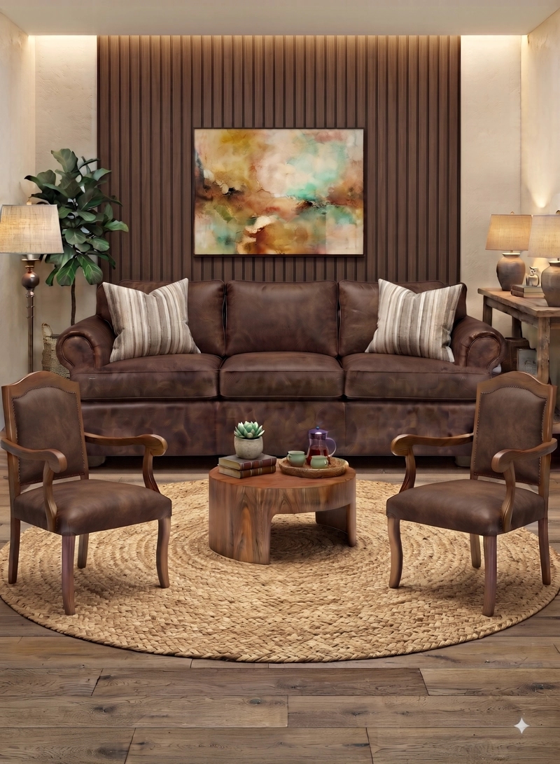 LIVING 311 MORGAN CAFE SOFA 3 CUERPOS CON RESORTES MAS 2 SITIALES CLASICO MADERA