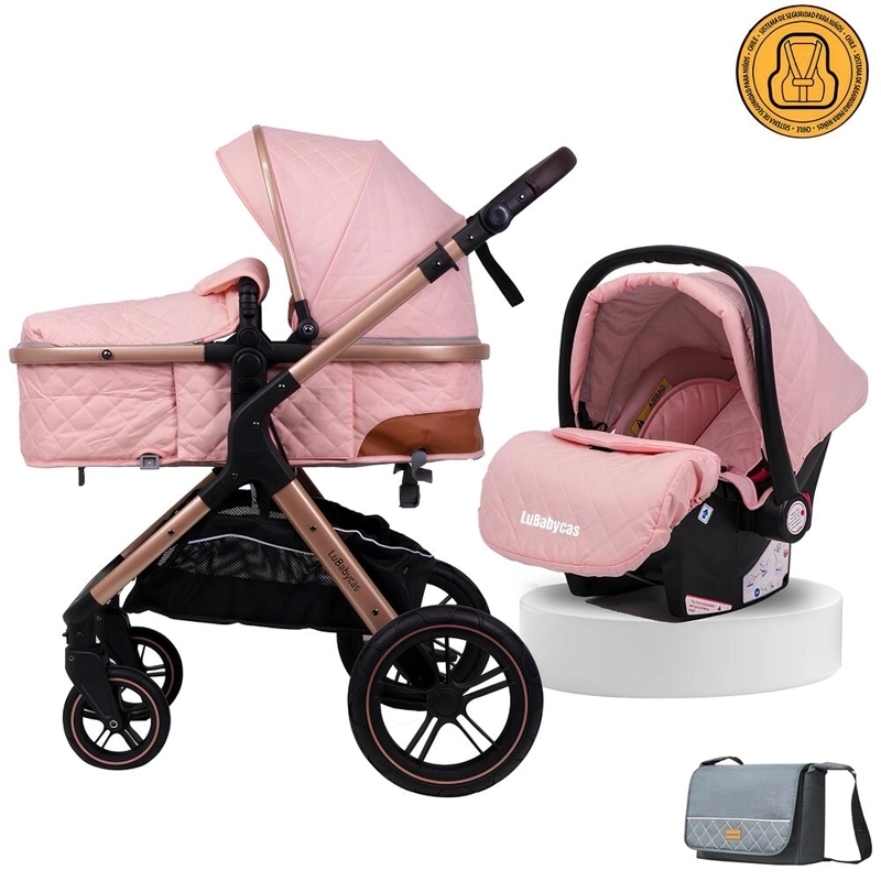 COCHE CUNA LUBABYCAS CON SILLA NIDO Y ACCESORIOS ROSADO