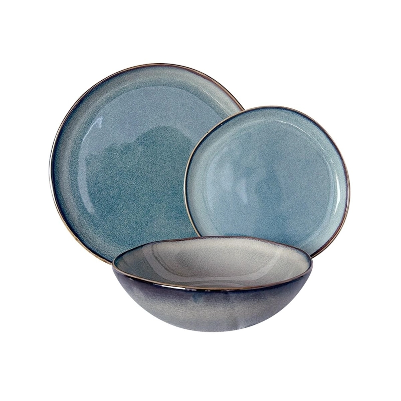 SET VAJILLA 18 PIEZAS CERAMICA AZUL GRAFITO LINEA RUSTICA