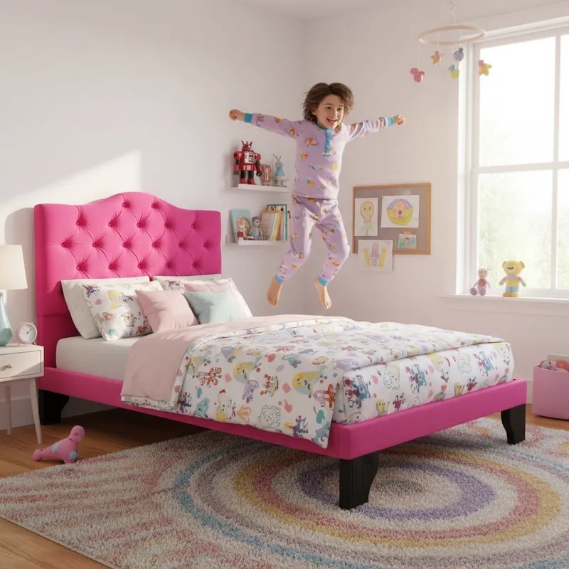 CAMA FLOBAL BARBIE CAPITONES INCLUYE BASE 1.5 PLAZAS FUCSIA + RESPALDO