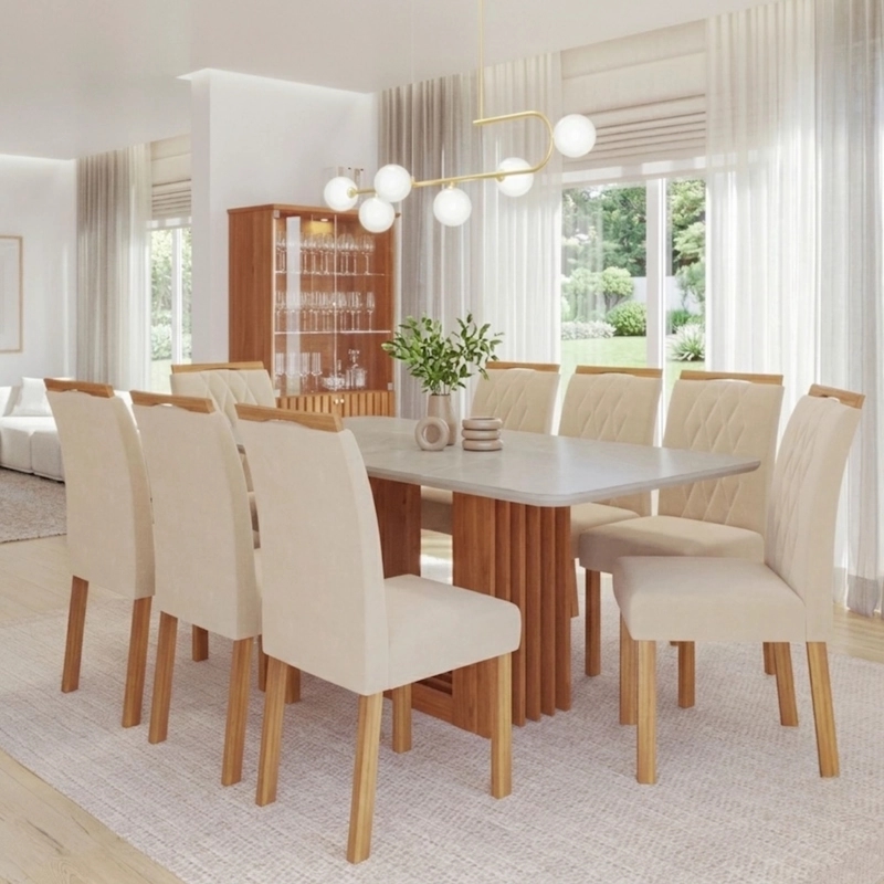 JUEGO DE COMEDOR ELEGANTE MADERA RECTANGULAR 8 SILLAS ARIELA BLANCO