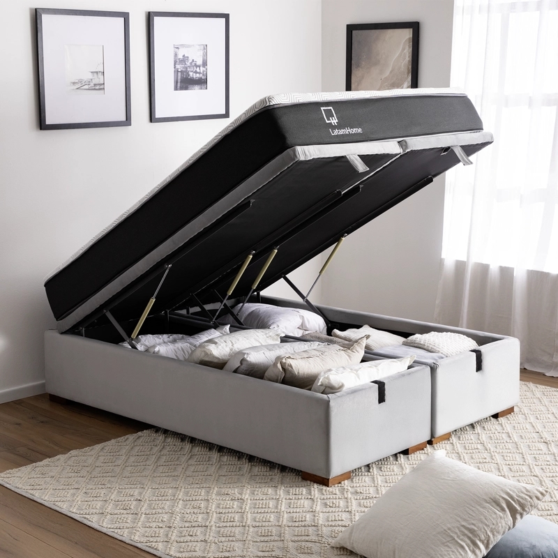 CAMA BAÙL 2 PLAZAS BASE DIVIDIDA COLCHON RESORTES NEW TOP FUNDA LAVABLE GRIS
