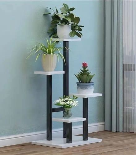 SOPORTE DE MACETEROS TUBOS NEGRO/MADERA BLANCA