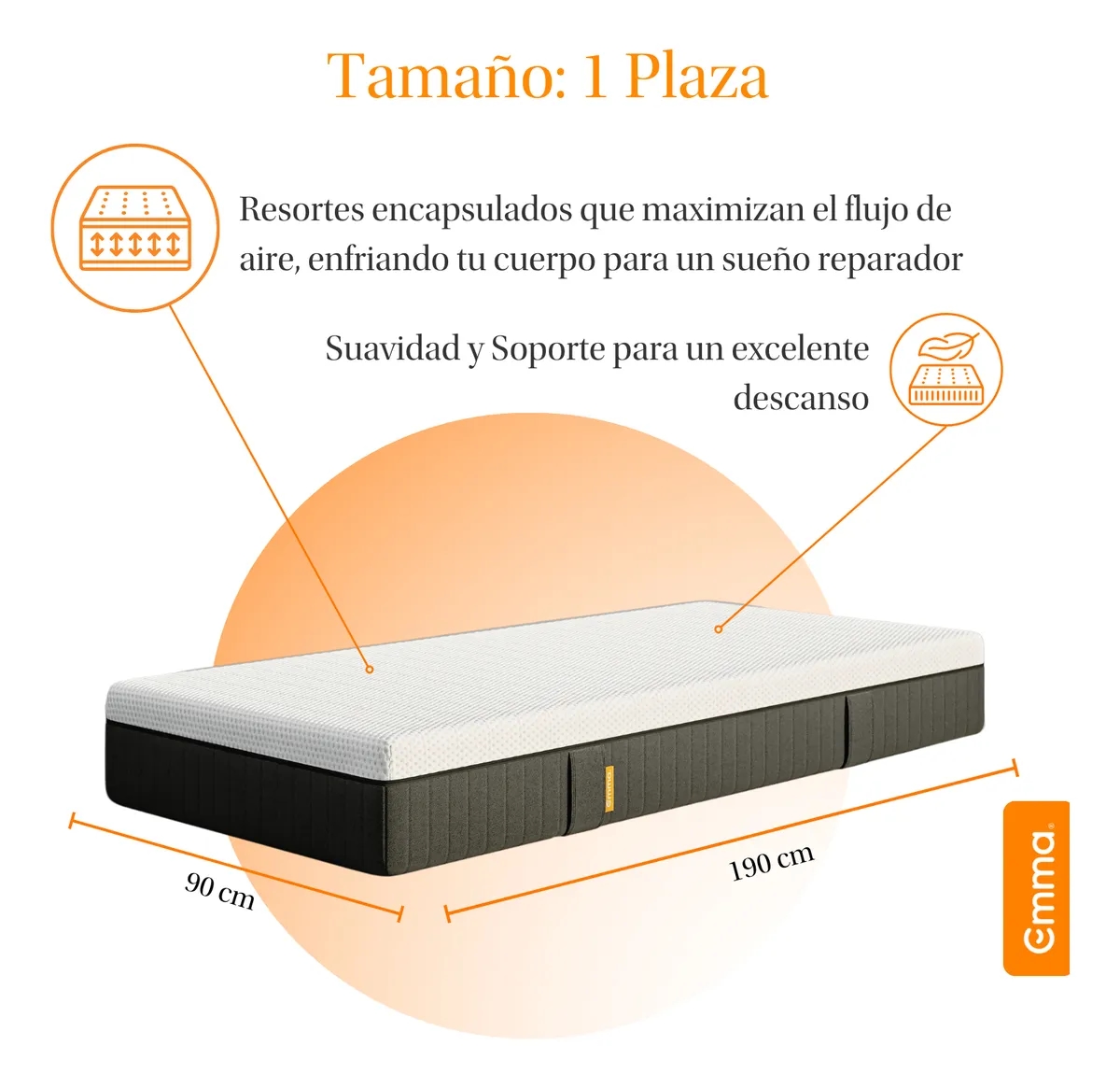 COLCHÓN EMMA HYBRID 1 PLAZA | ESPUMA, RESORTES POCKET 90X190