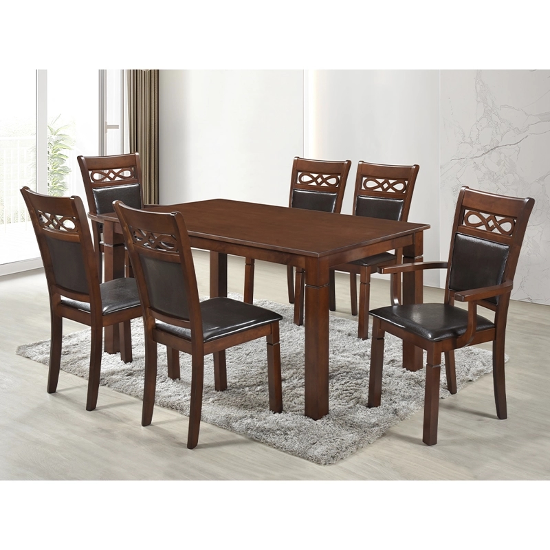 JUEGO DE COMEDOR 4 SILLAS 2 SITIALES MADERA (160x90x76cm) ECOCUERO CAFÉ. CAPRI 6 PUESTOS