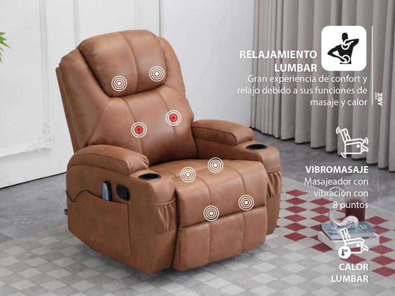 SILLÓN BERGERE RECLINABLE CON MASAJE Y CALOR ELÉCTRICO. TELA CAMEL. LHASA