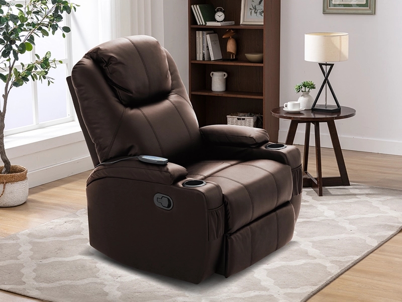 SILLÓN BERGERE RECLINABLE CON MASAJE Y CALOR ELÉCTRICO, ECOCUERO CAFÉ. LHASA