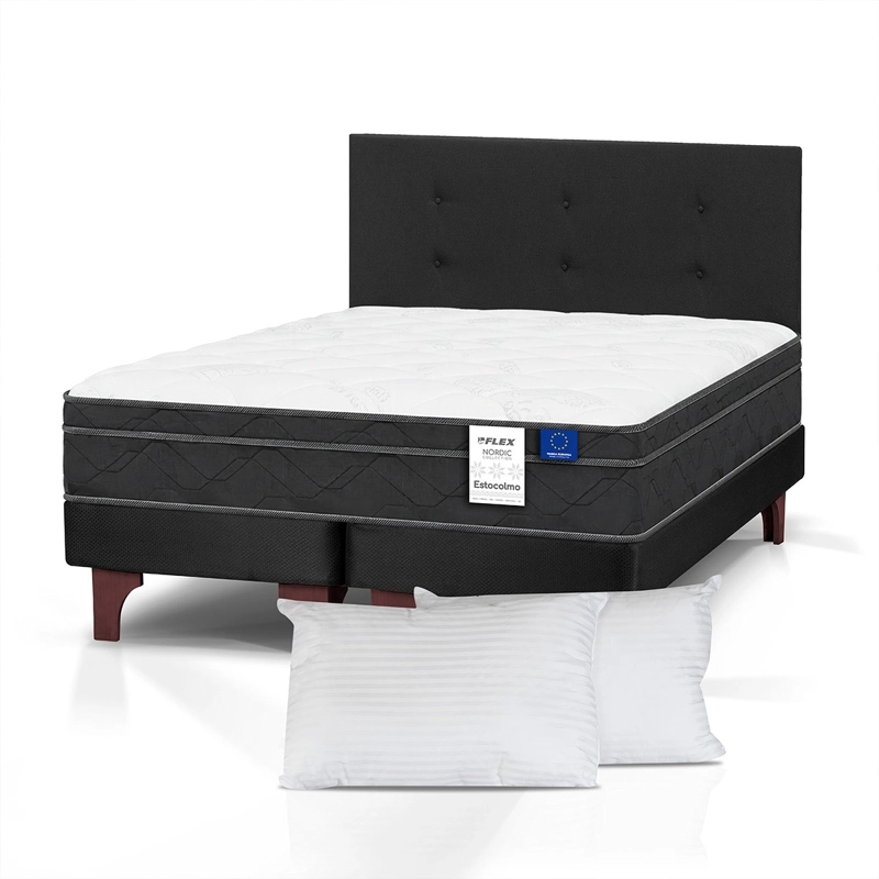 JUEGO DE DORMITORIO FLEX CAMA EUROPEA ESTOCOLMO BD 2 PLAZAS + RESPALDO ROYAL NEGRO + ALMOHADAS