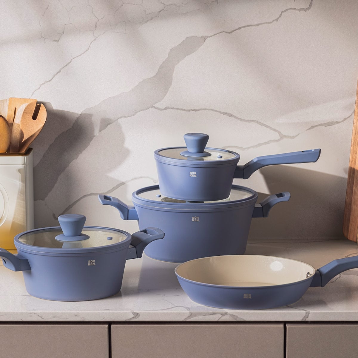 BATERÍA DE COCINA BÖRKEN CERAMIC SLATE 7 PIEZAS CELESTE